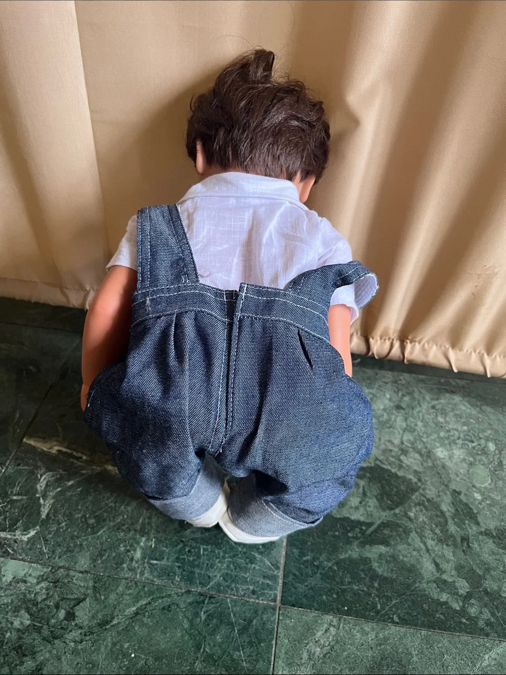 Realistic Baby Doll in Blue Denim Overalls with White Shirt